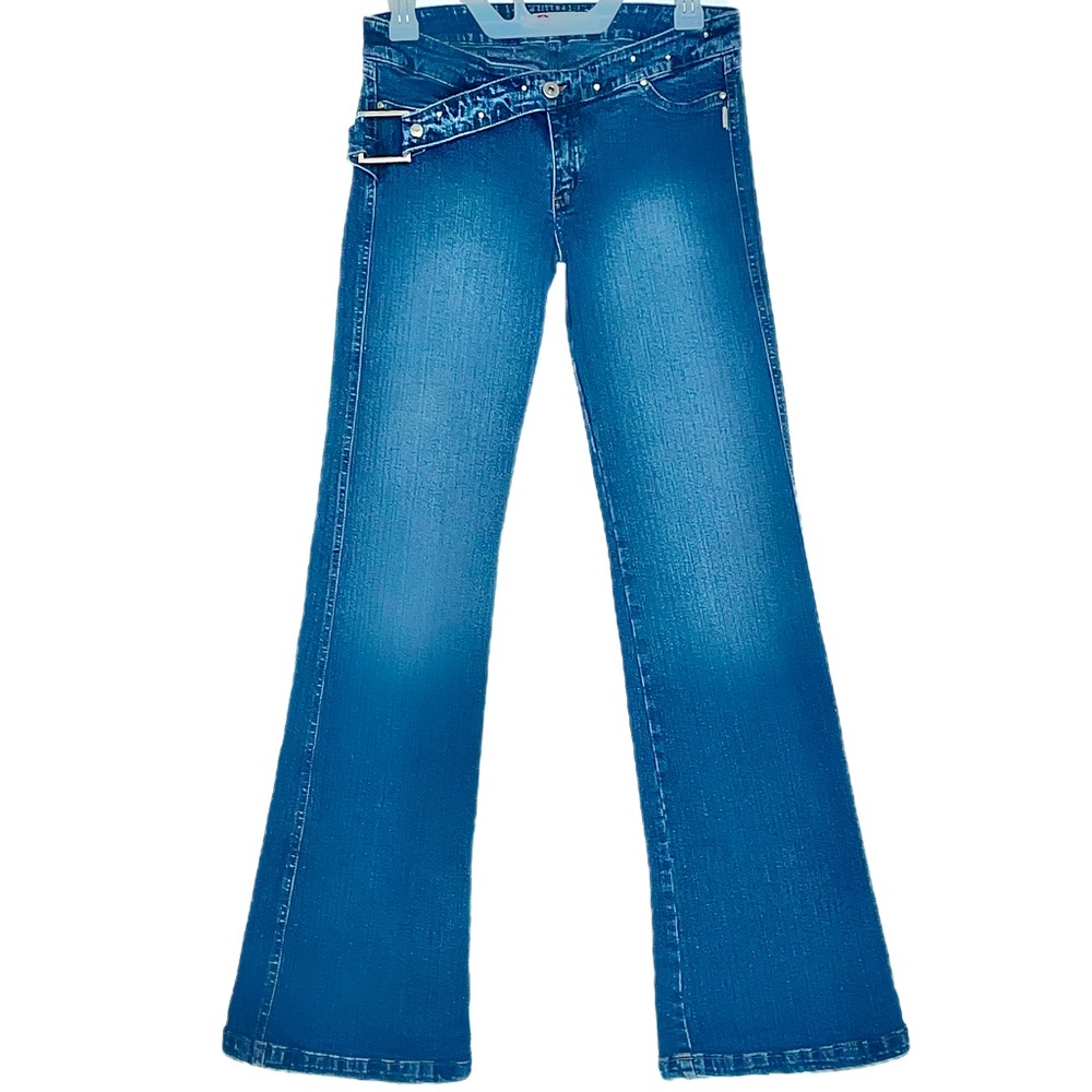 Vintage 00's Low Rise Flares w Built in Embellished Denim Belt & Pocketless Butt